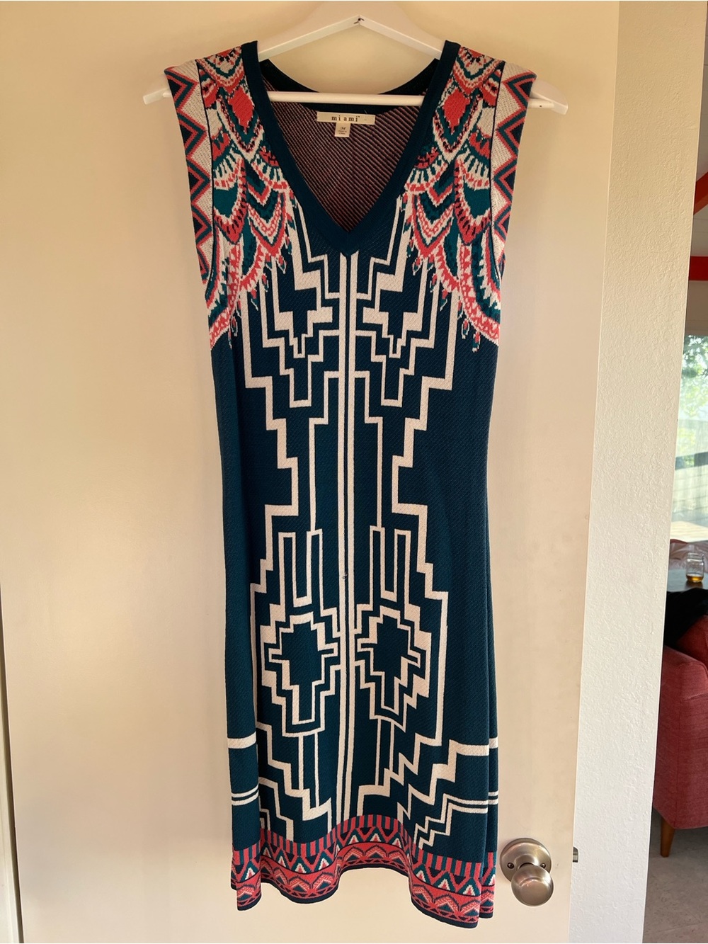 Sleeveless Teal Geometric Knit Dress with Pink Accents
